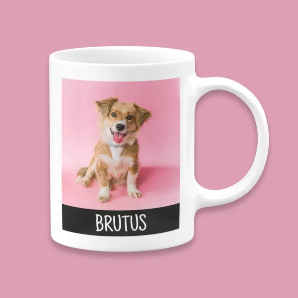 Mug personnalisé chien avec nom de l'animal sous la photo.