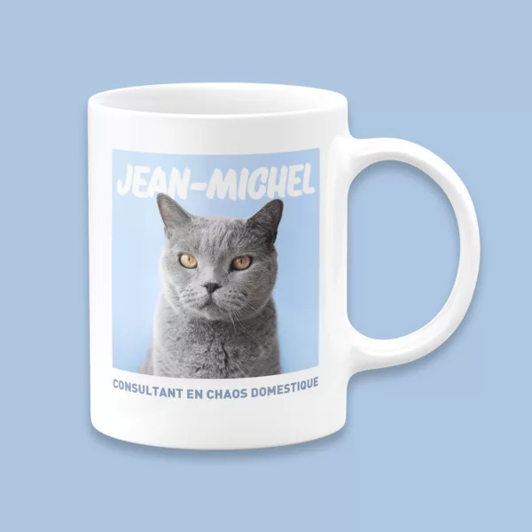 Mug personnalisé pour chat avec le nom “Jean-Michel” et la phrase humoristique “Consultant en chaos domestique”