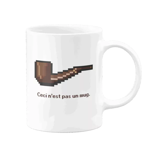 Mug parodique avec pipe en pixel art et texte « Ceci n’est pas un mug », hommage humoristique à Magritte.