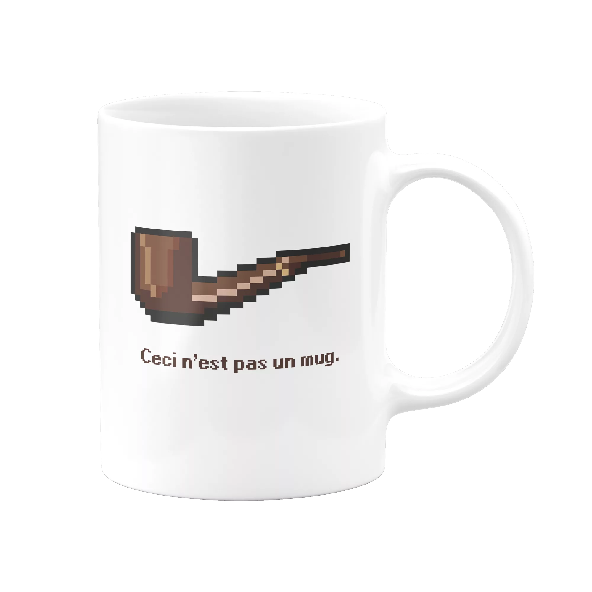 Mug parodique avec pipe en pixel art et texte « Ceci n’est pas un mug », hommage humoristique à Magritte.