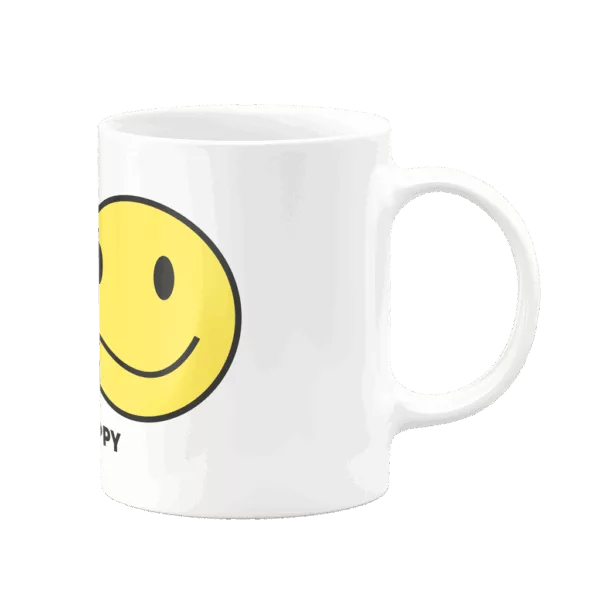 Mug "Sappy" (pour sad et happy) avec un double smiley, à gauche un côté triste, à droite un côté souriant, visibles selon l’angle de vue.