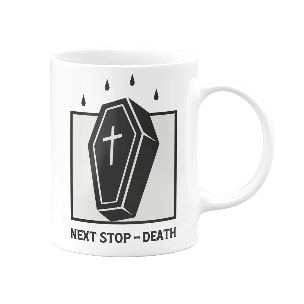Mug humour noir avec cercueil et texte : "Next Stop : Death"