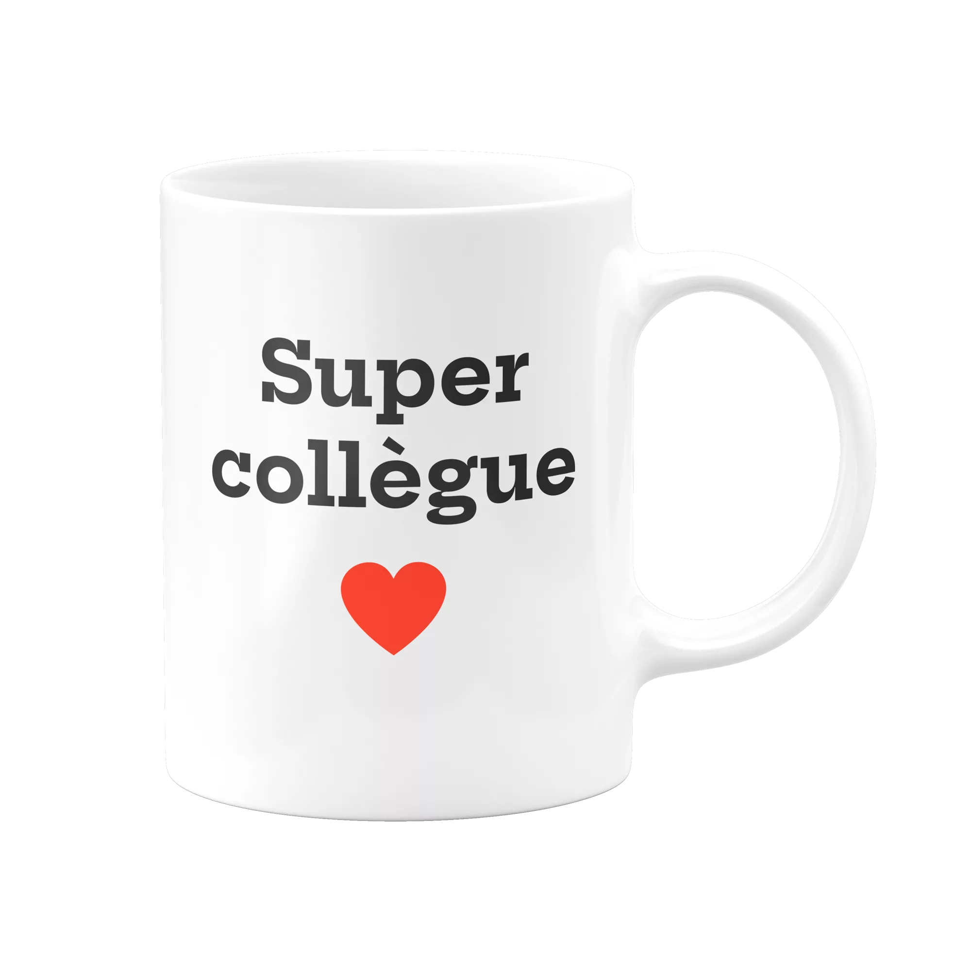 Mug blanc avec inscription "Super Collègue" en noir et un petit cœur rouge, imprimé en France par ManyMugs