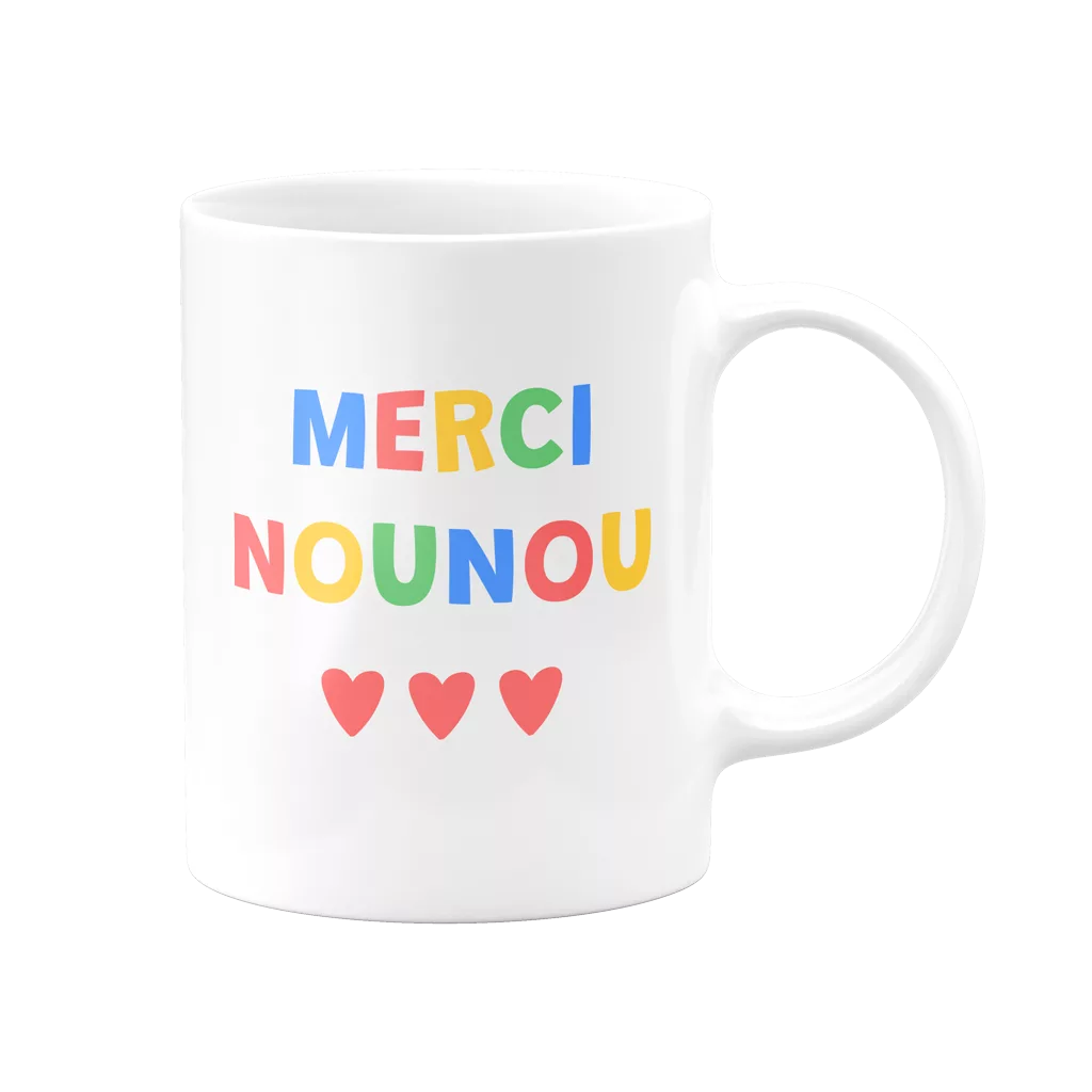 Mug avec texte "Merci Nounou" et petits cœurs