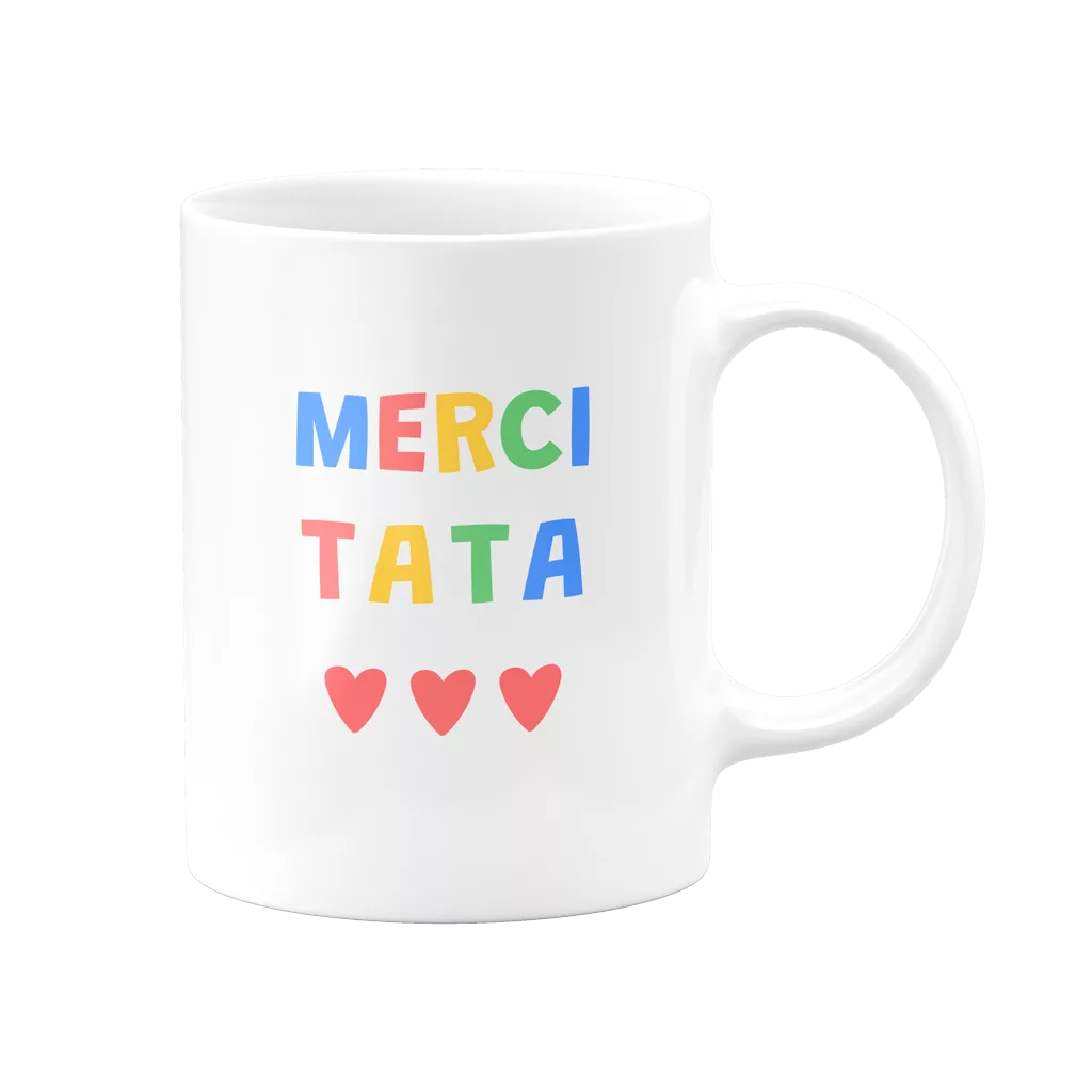 Mug Merci Tata : lettres colorées et 3 cœurs