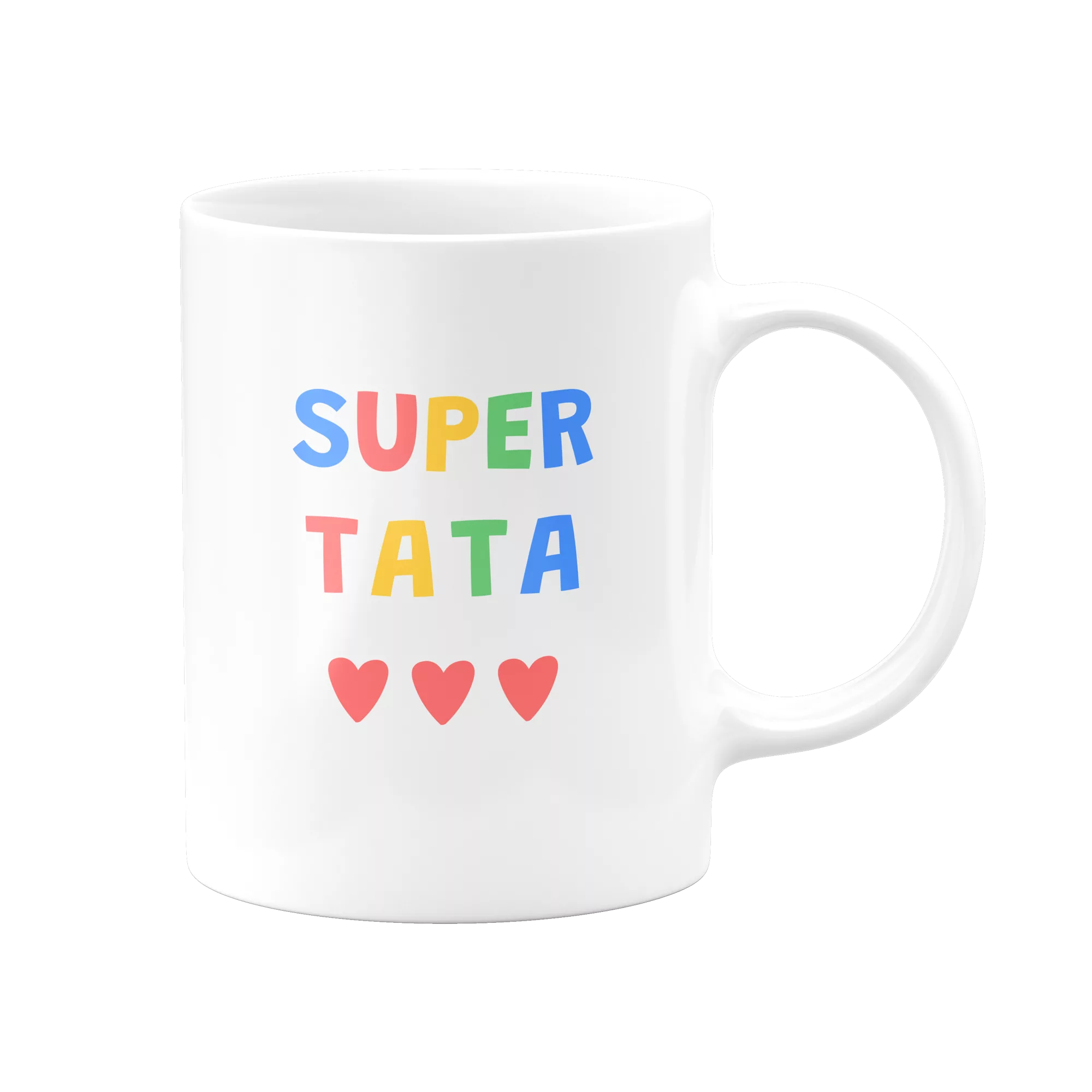 Mug Super Tata : lettres colorées et 3 cœurs
