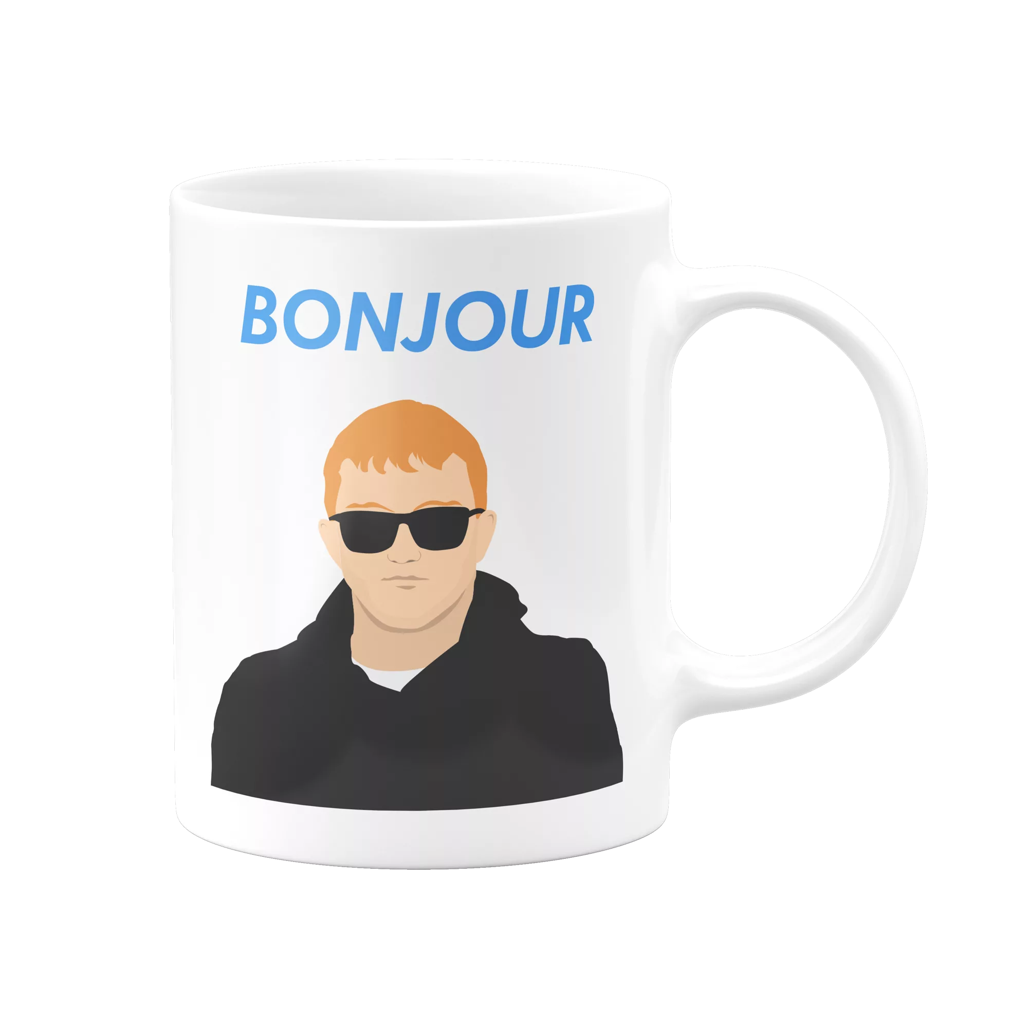 Mug blanc "Bonjour le V", illustration humoristique du rappeur français Vald qui dit bonjour, imprimé par ManyMugs