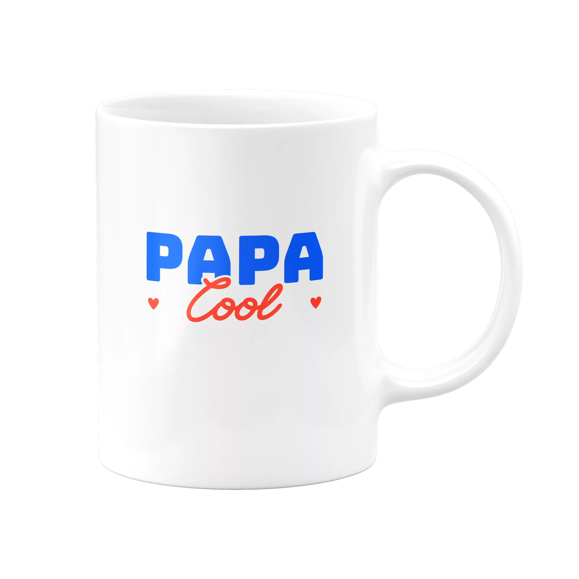 Mug blanc avec "PAPA" en bleu et "Cool" en rouge écriture manuscrite entouré de deux cœurs, mug cadeau fête des pères imprimé en France ManyMugs